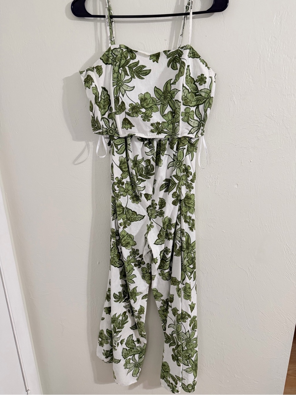 White & Green Floral Wide-Leg Jumpsuit with Adjustable Straps